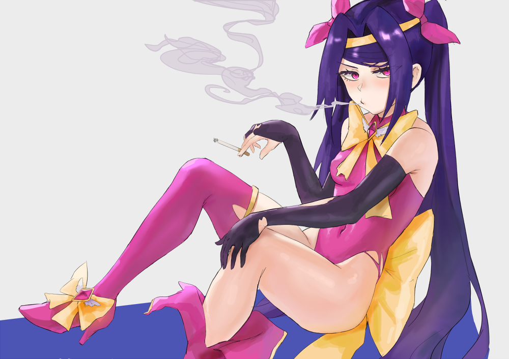 1girl, arqa, bare_shoulders, bow, cigarette, commentary, cosplay, covered_navel