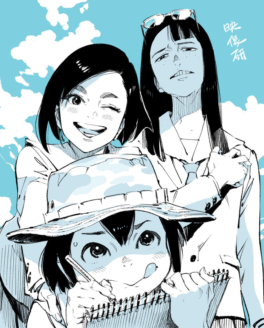 3girls, :<, :p, ;d, ahn_dongshik, asakusa_midori, asymmetrical_bangs, asymmetrical_hair
