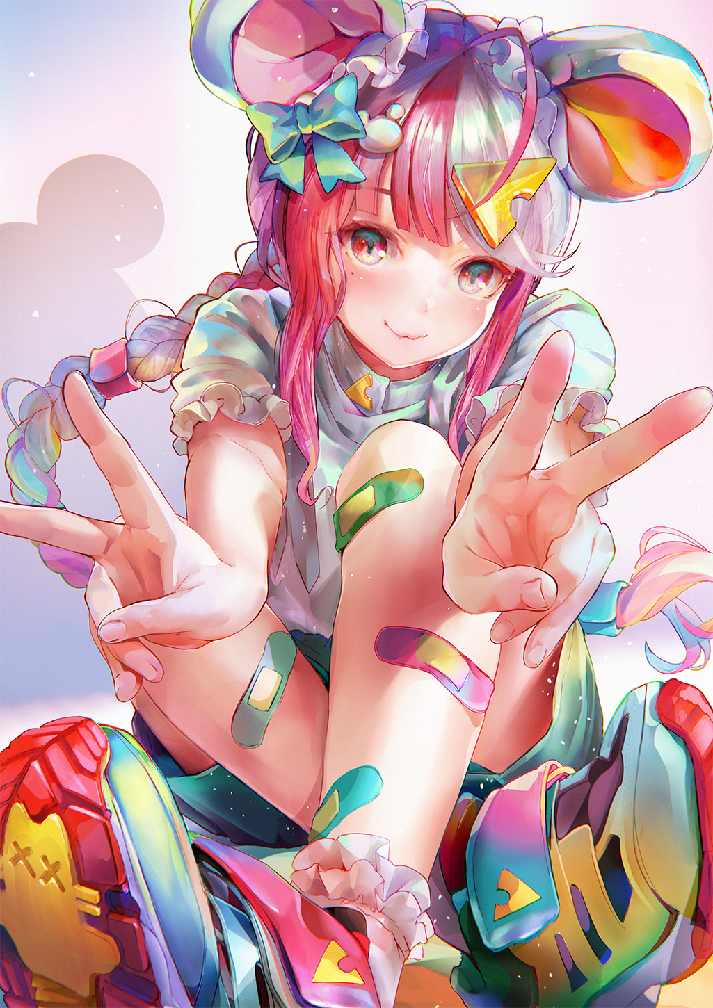 1girl, :3, ahoge, animal_ears, aqua_bow, bandaid, bandaid_on_leg, bangs