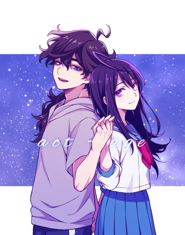 1boy, 1girl, :d, act-age, ahoge, black_hair, blue_hair, blue_skirt