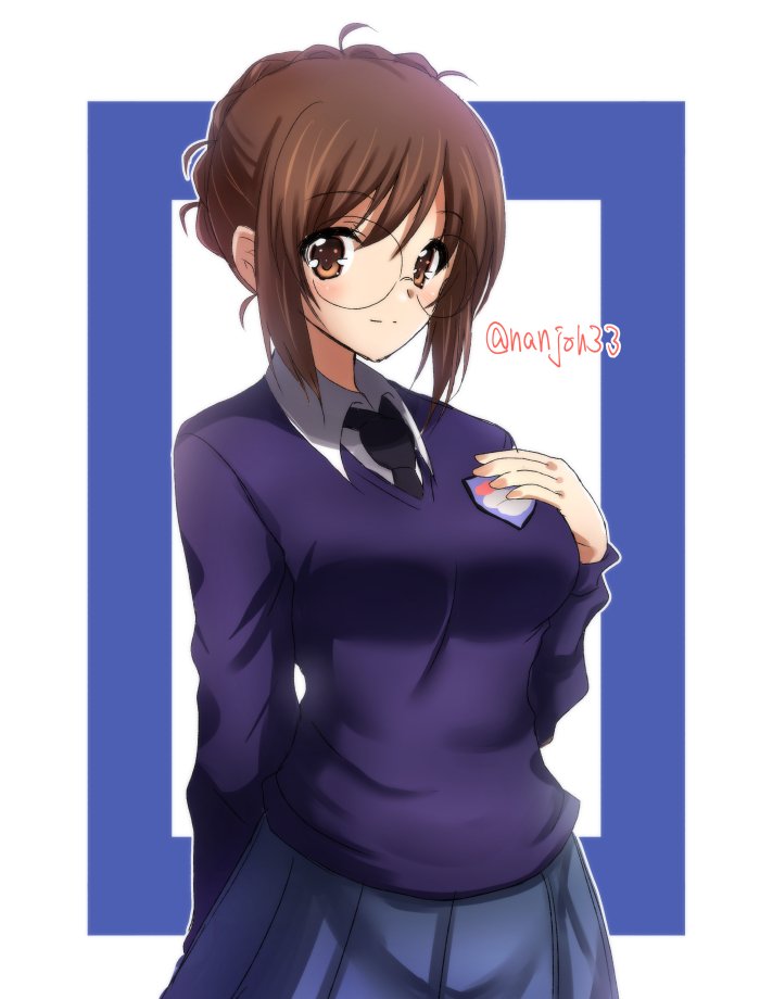 1girl, arm_behind_back, bangs, black_neckwear, blue_border, blue_skirt, blue_sweater, border