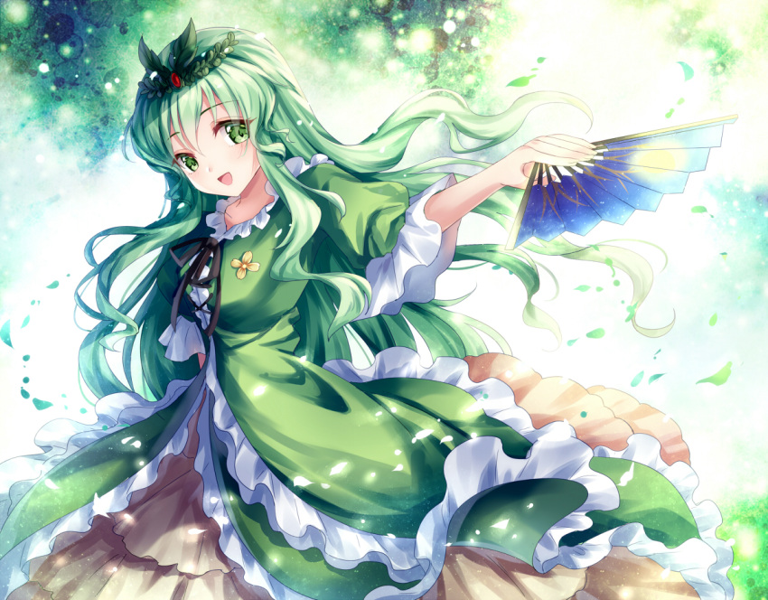 1girl, dress, fan, green_eyes, green_hair, head_wreath, hichou, kayano_mihana, leaf, leaves_in_wind, long_hair, original, smile, solo, touhou, white_names_spoiled_past, wreath
