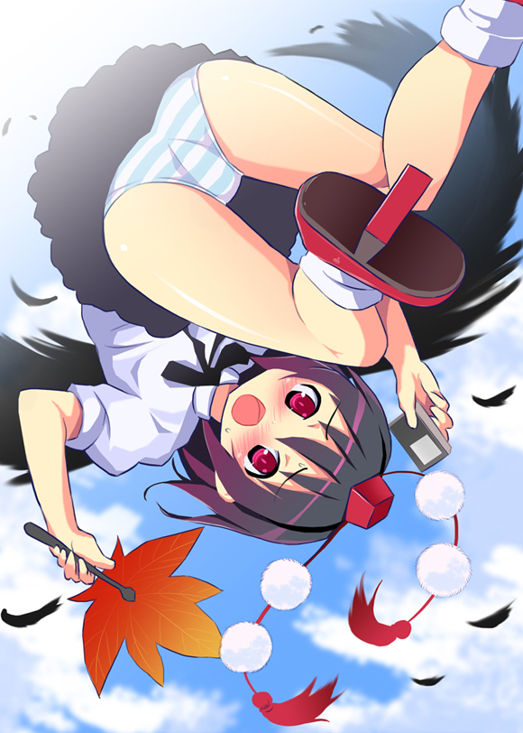 black_hair, black_wings, blush, fan, feathers, flying, geta, hat
