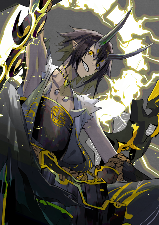 1boy, arm_up, armor, armpits, black_hair, collarbone, electricity, grey_background
