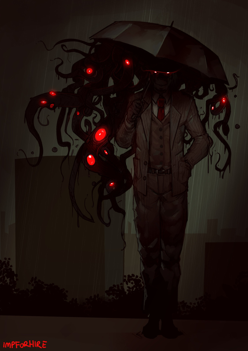 absurdres, belt, black_gloves, building, eldritch_abomination, extra_eyes, formal, gloves