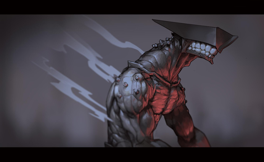 1boy, adam's_apple, clenched_teeth, closed_mouth, collarbone, grimsby, highres, monster