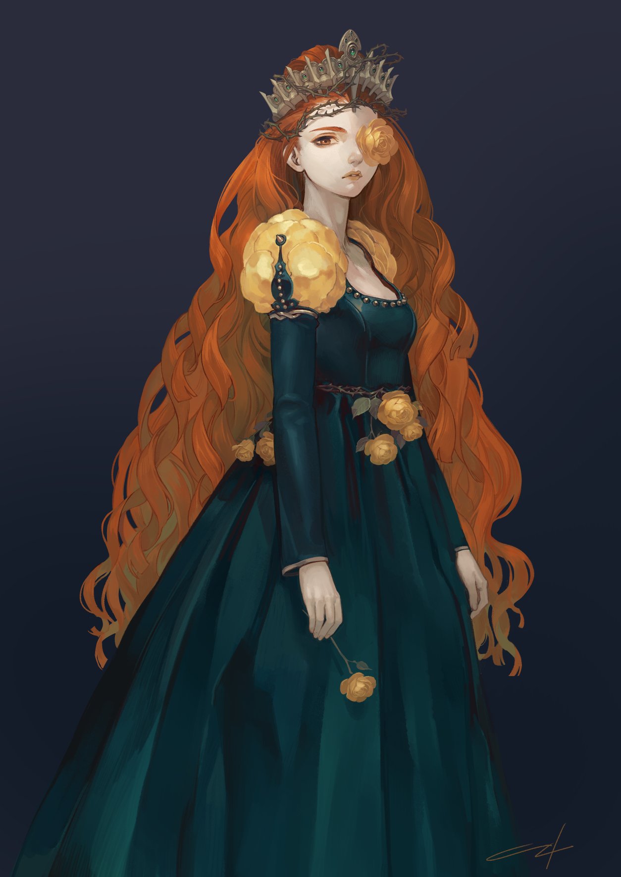 1girl, aureolin31, crown, dress, flower, flower_over_eye, green_dress, highres