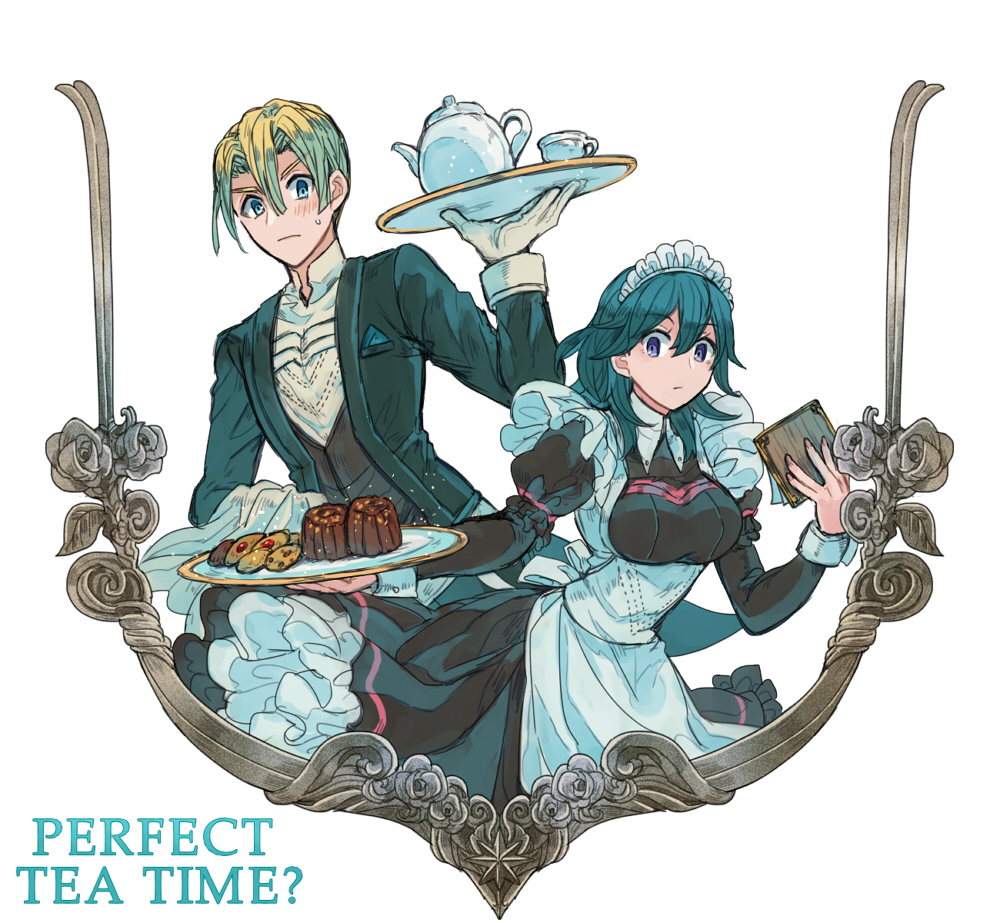 1boy, 1girl, alternate_costume, apron, blonde_hair, blue_eyes, blue_hair, blush, breasts, butler, byleth_(fire_emblem), byleth_eisner_(female), cake, cookie, cowboy_shot, cup, dimitri_alexandre_blaiddyd, dress, english_text, eyebrows_visible_through_hair, fire_emblem, fire_emblem:_three_houses, food, frilled_sleeves, frills, gloves, hair_between_eyes, long_sleeves, looking_at_viewer, maid, maid_apron, maid_headdress, medium_breasts, medium_hair, mena_(suzunoki), puffy_long_sleeves, puffy_sleeves, shirt, short_hair, simple_background, sweatdrop, tea_set, teacup, teapot, towel, tray, vest, white_background, white_gloves, wrist_cuffs