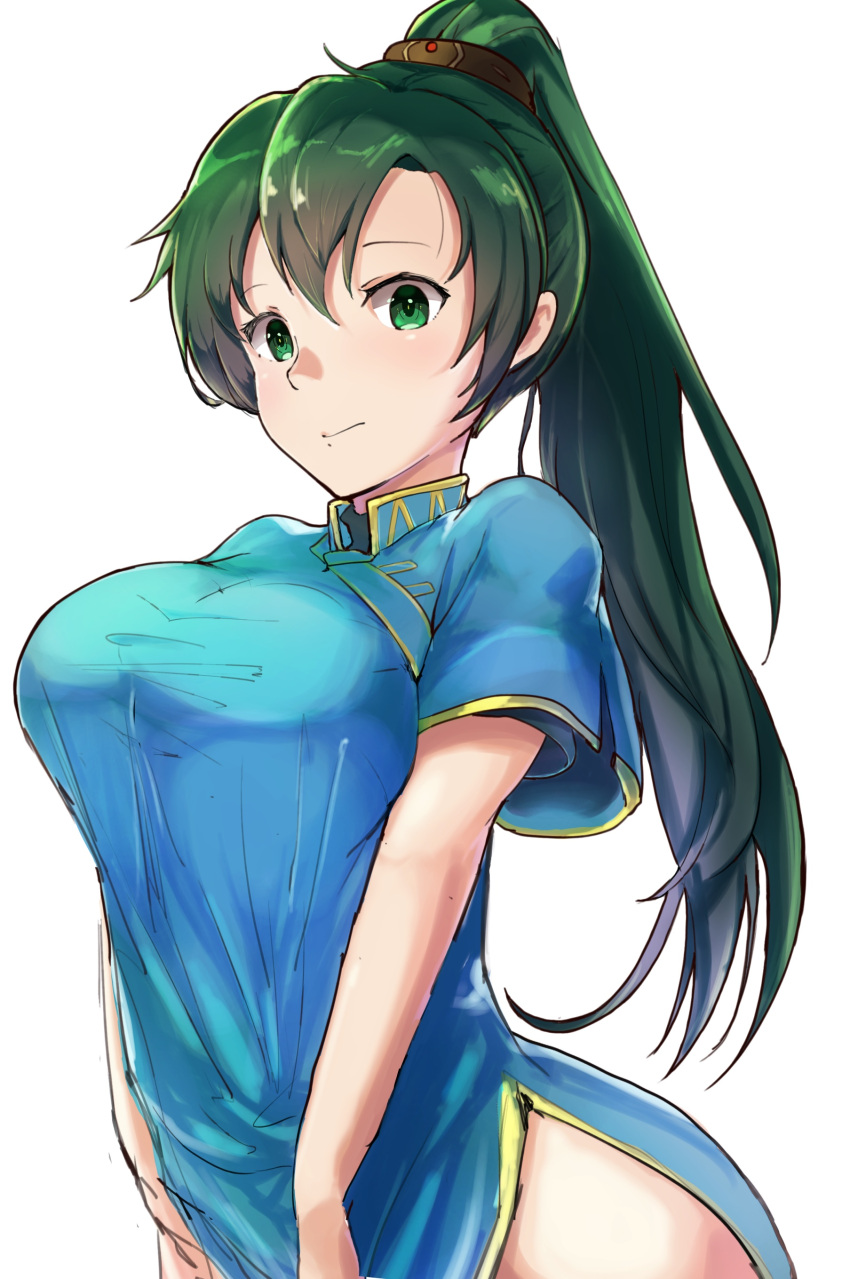 1girl, absurdres, blue_dress, breasts, cowboy_shot, dress, expressionless, fire_emblem