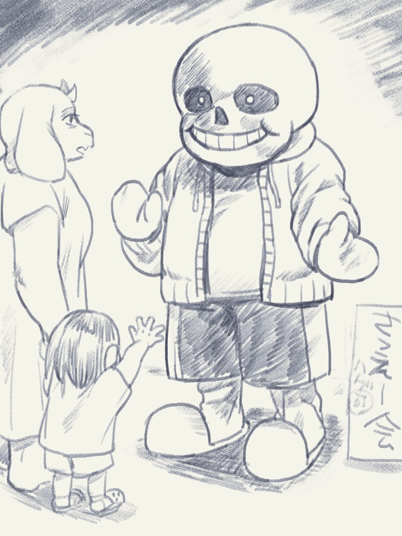 1girl, 2others, 8-4, bob_cut, child, cosplay, crocs, frisk_(undertale), furry, greyscale, holding_hands, human, mascot_costume, mittens, monochrome, monster, multiple_others, sans_(undertale), sans_(undertale)_(cosplay), shirt, shorts, skeleton, slippers, super_smash_bros., t-shirt, toby_fox_(publisher), toriel, undertale, waving