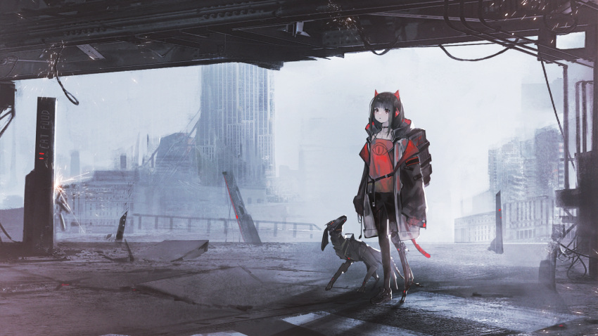 1girl, :o, amputee, backpack, bag, bangs, belt, black_coat