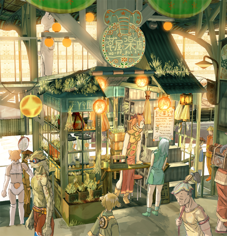 city, hair_ornament, imperial_boy, original, ponytail, scenery, shop, sign
