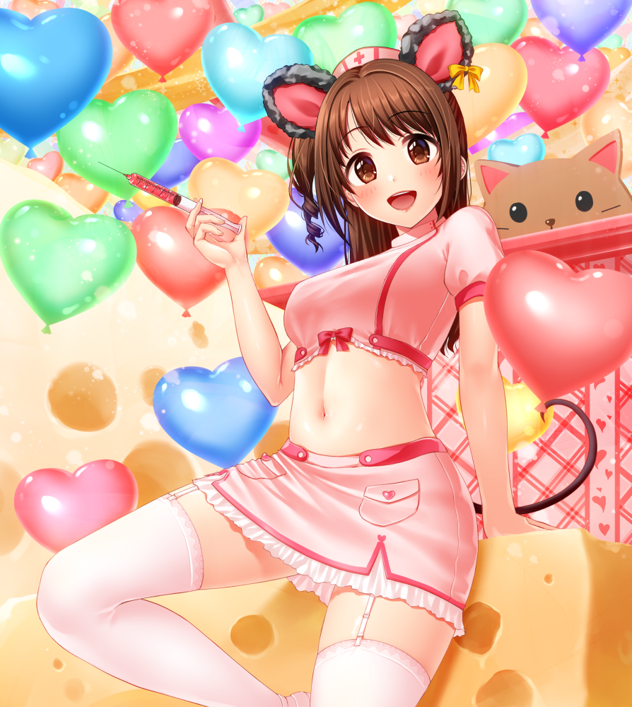 1girl, :d, animal_ears, arm_support, balloon, bangs, blush, bow