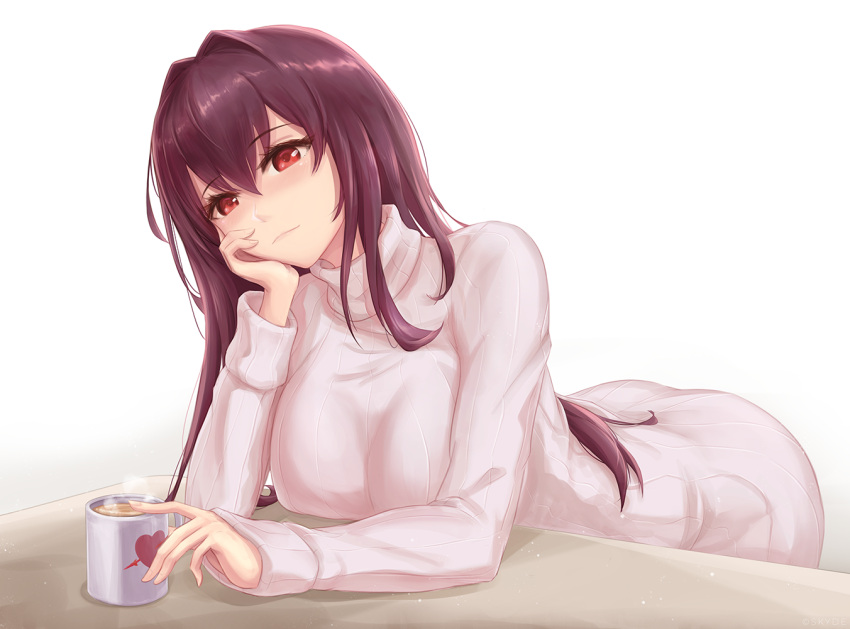 1girl, breasts, coffee_mug, cup, fate/grand_order, fate_(series), gae_bolg, hair_intakes
