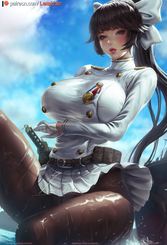 1girl, azur_lane, belt, black_hair, blush, bow, breasts, clouds