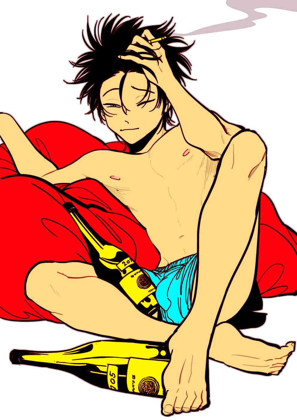 1boy, black_hair, bottle, boxers, cigarette, color_recipe, grey_eyes, harada, highres, male_focus, navel, nipples, one_eye_closed, shirtless, smile, solo, underwear, yatamomo_(color_recipe)