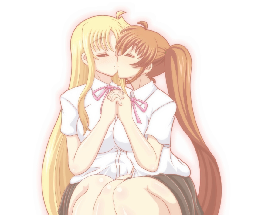 2girls, blonde_hair, blush, breasts, brown_hair, closed_eyes, collared_shirt, couple