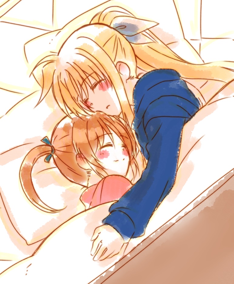 2girls, black_ribbon, blonde_hair, blush, closed_eyes, couple, fate_testarossa, futon