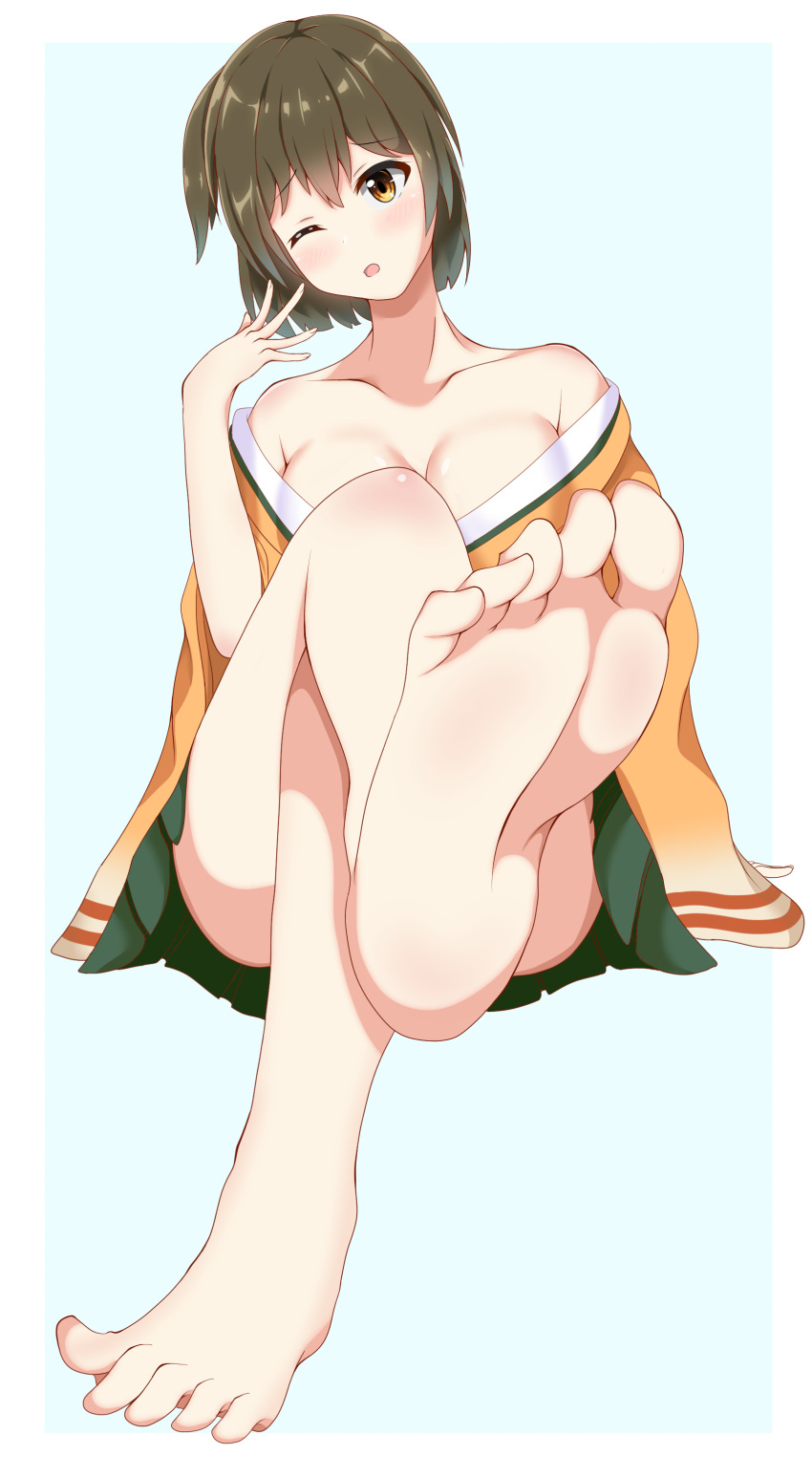 1girl, absurdres, barefoot, blush, breasts, brown_eyes, brown_hair, eyebrows_visible_through_hair
