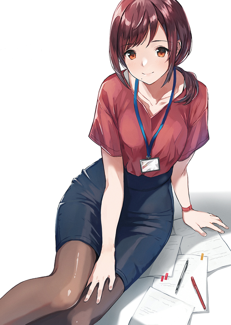 1girl, arm_support, bangs, between_legs, between_thighs, black_legwear, blouse, closed_mouth