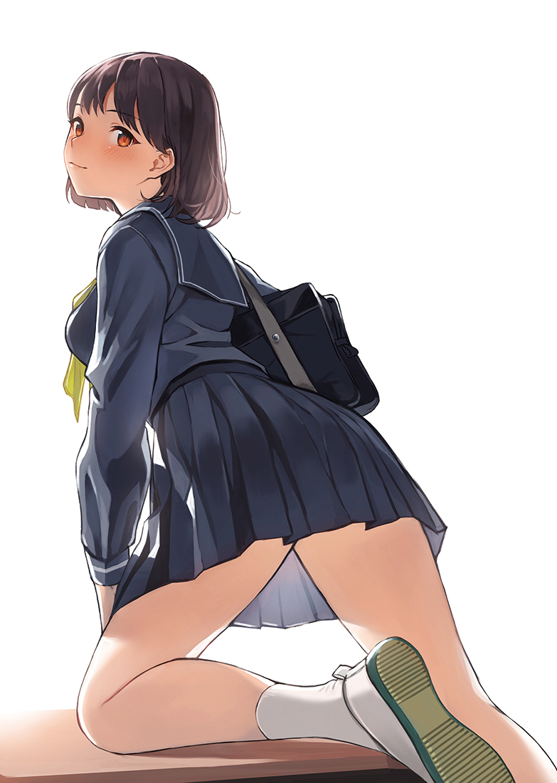 1girl, ass, backlighting, bag, closed_mouth, desk, doushimasho, eyebrows_visible_through_hair