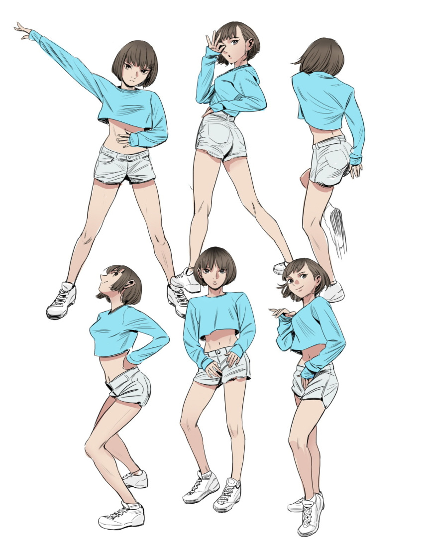 1girl, arm_up, ass, blue_shirt, brown_eyes, brown_hair, crop_top, hand_up