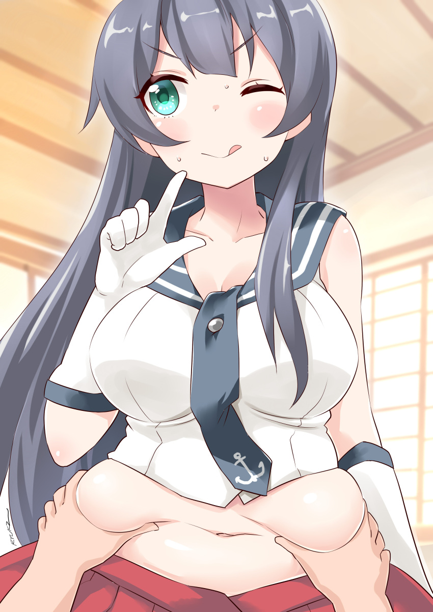 1girl, absurdres, agano_(kantai_collection), black_hair, black_neckwear, black_sailor_collar, blush, breasts