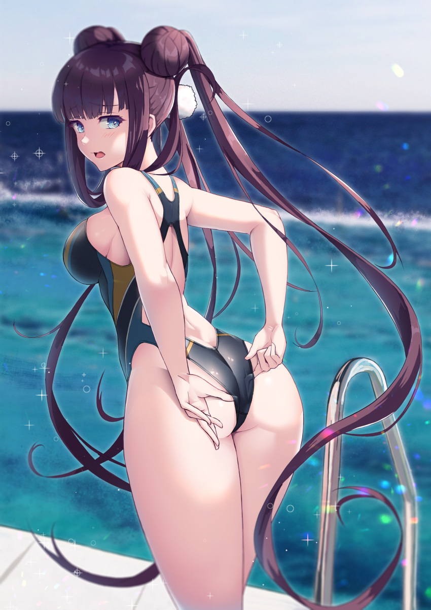 1girl, absurdres, adjusting_clothes, adjusting_swimsuit, ass, back_cutout, bangs, blue_eyes, blunt_bangs, blurry, blurry_background, blush, breasts, competition_swimsuit, day, depth_of_field, double_bun, eyebrows_visible_through_hair, fate/grand_order, fate_(series), from_behind, happymonk, highleg, highleg_swimsuit, highres, horizon, huge_filesize, large_breasts, leaning_forward, long_hair, looking_at_viewer, looking_back, multicolored, multicolored_clothes, multicolored_swimsuit, ocean, one-piece_swimsuit, open_mouth, outdoors, pool_ladder, purple_hair, sideboob, solo, sparkle, standing, swimsuit, thighs, twintails, very_long_hair, water, yang_guifei_(fate/grand_order)