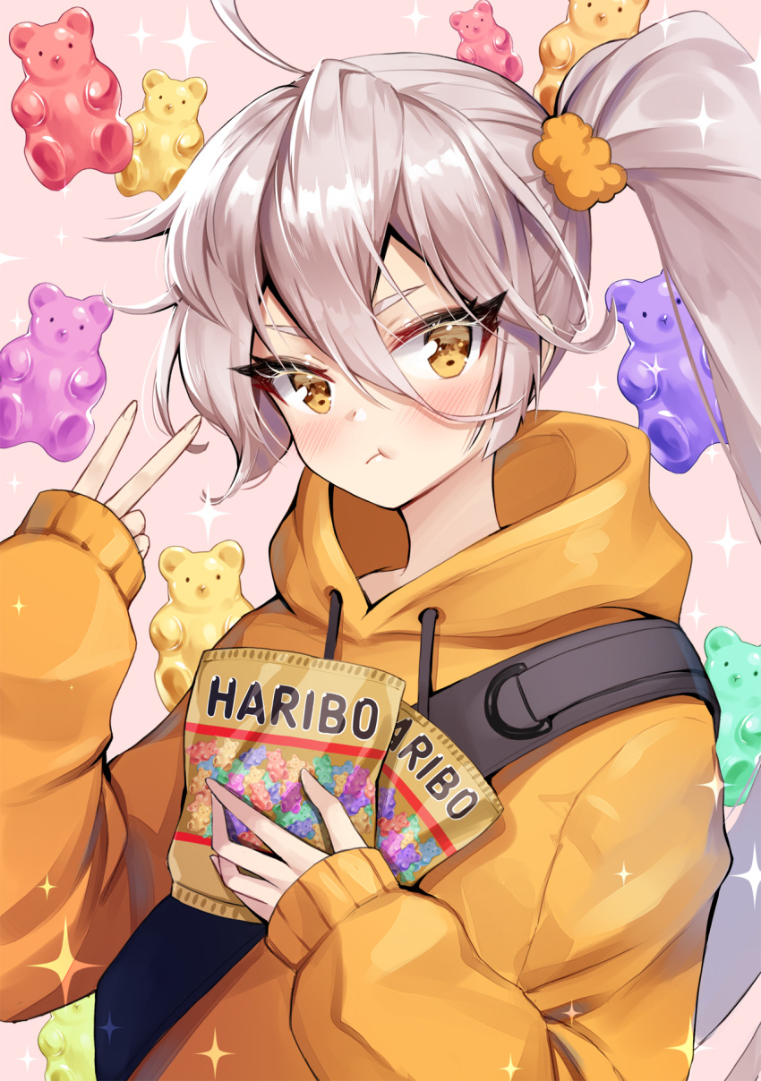 1girl, ahoge, ankkoyom, bangs, blush, commentary, copyright_name, eating