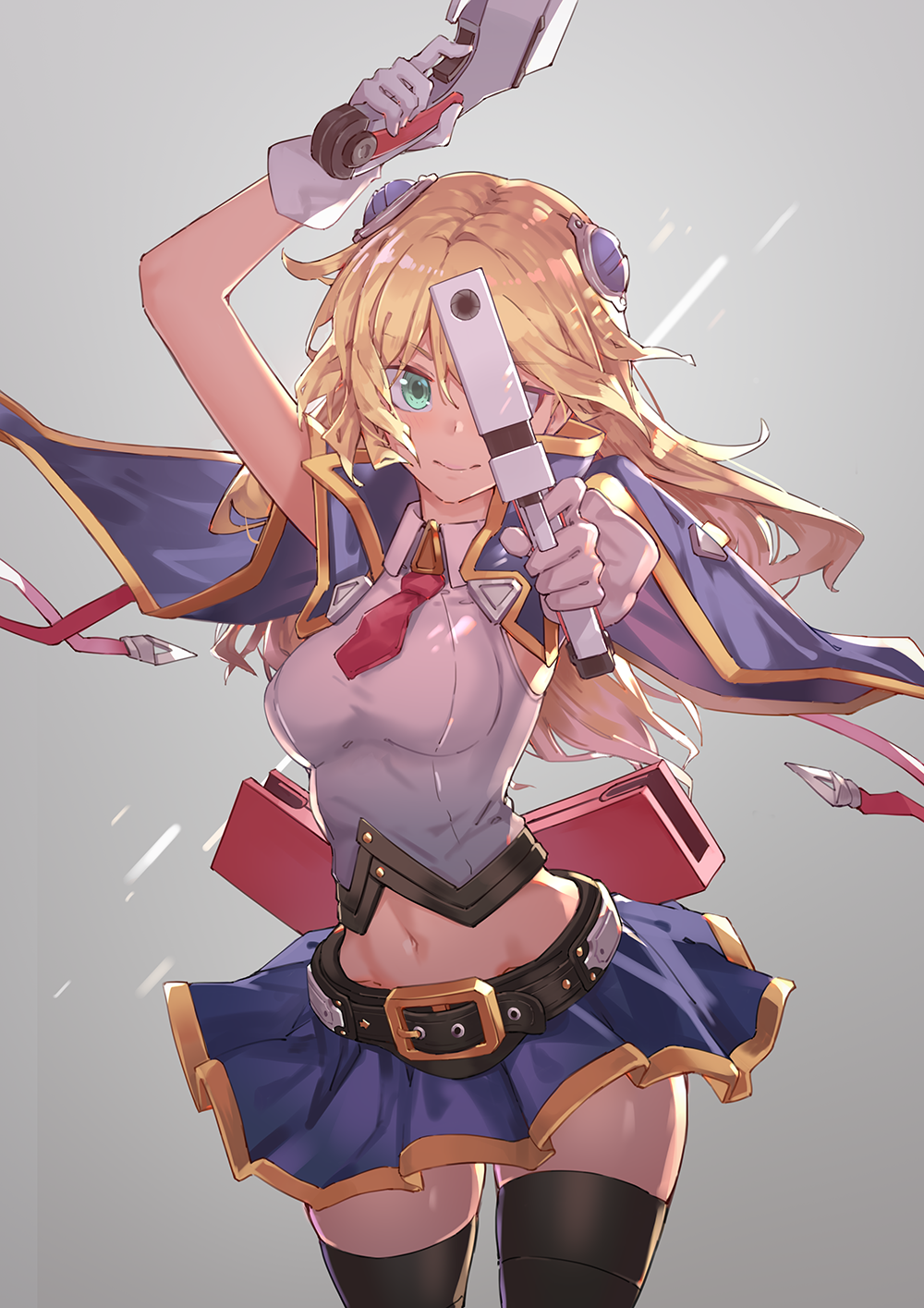 1girl, bare_shoulders, black_legwear, blazblue, blonde_hair, breasts, cchhii3, dual_wielding
