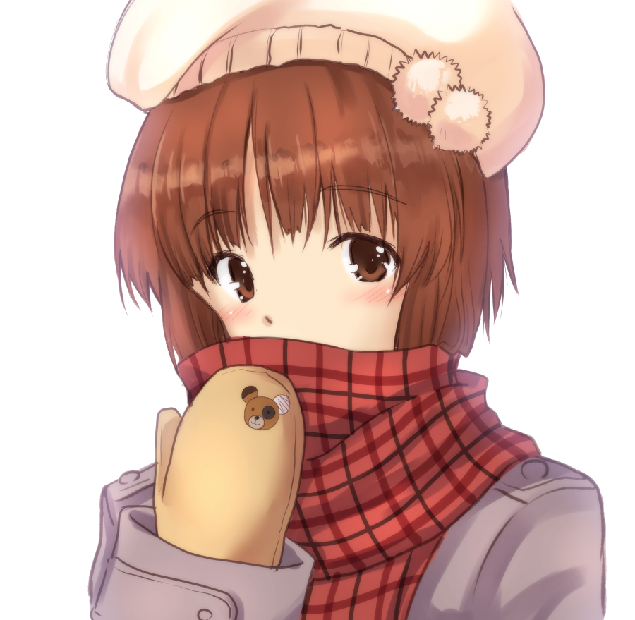 1girl, animal_print, bangs, bear_print, beret, blush, boko_(girls_und_panzer), brown_eyes