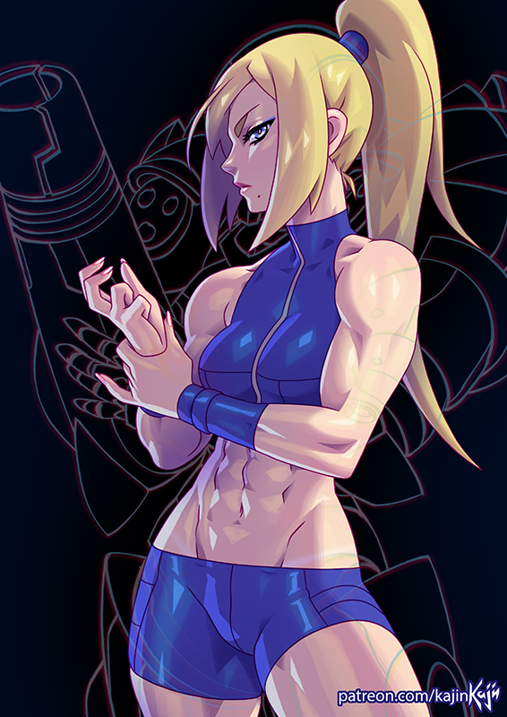1girl, abs, arm_cannon, artist_name, biceps, blonde_hair, commentary, dark_background