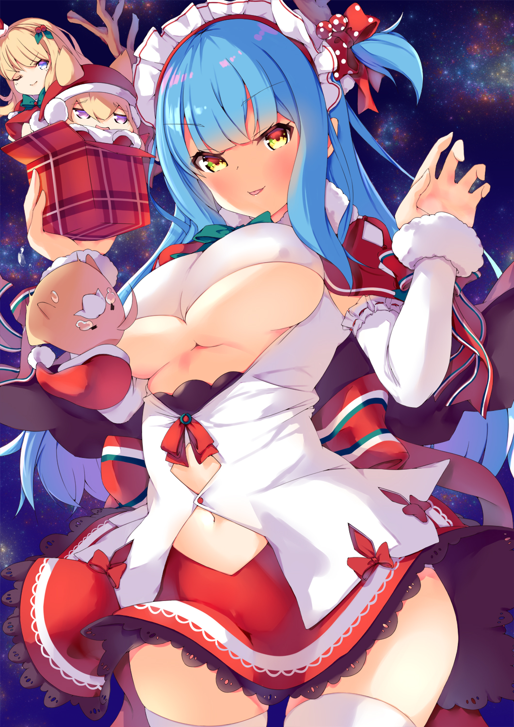 3girls, alternate_costume, azur_lane, bangs, bird, blonde_hair, blue_hair, breasts, capelet, chibi, chick, christmas, closed_mouth, covered_nipples, cowboy_shot, crying, detached_sleeves, eyebrows_visible_through_hair, fake_antlers, fake_facial_hair, fake_mustache, falling, fur-trimmed_capelet, fur-trimmed_sleeves, fur_trim, gift, green_ribbon, hair_between_eyes, hair_ears, hair_ribbon, hands_up, hat, highres, holding, holding_gift, large_breasts, long_hair, looking_at_viewer, maid_headdress, manjuu_(azur_lane), multicolored, multicolored_ribbon, multiple_girls, navel, neck_ribbon, neptune_(azur_lane), neptune_(princess_of_the_reindeers)_(azur_lane), one_eye_closed, open_gift, open_mouth, panties, panty_peek, polka_dot_ribbon, raised_eyebrow, red_capelet, red_ribbon, red_skirt, ribbon, ryoutsu, santa_hat, shiny, shiny_hair, sidelocks, skirt, sky, smile, standing, star_(sky), starry_sky, thigh-highs, thighs, tongue, tongue_out, under_boob, underboob_cutout, underwear, upside-down, v-shaped_eyebrows, violet_eyes, warspite_(azur_lane), white_legwear, white_panties, wide_hips, wind, wind_lift, yellow_eyes