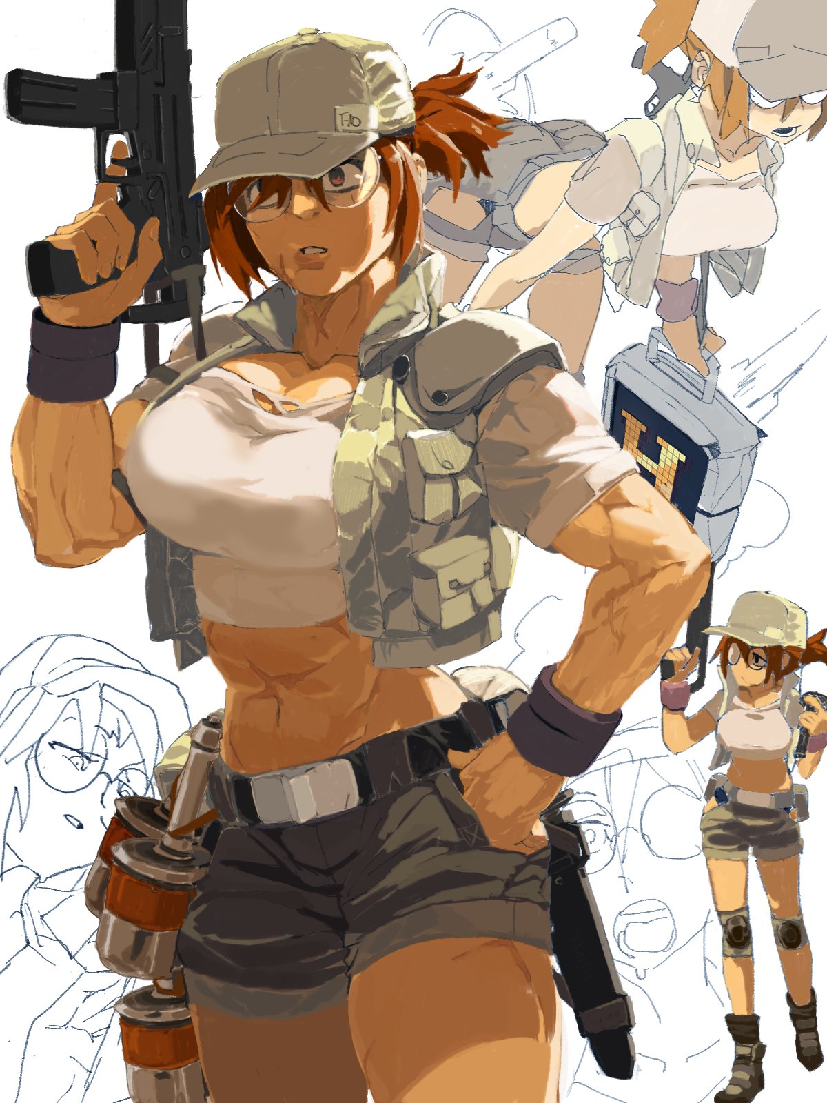 1girl, abs, ass, baseball_cap, belt_buckle, biceps, breasts, brown_eyes, brown_hair, buckle, crop_top, explosive, fio_germi, glasses, grenade, gun, handgun, hat, highres, hip_vent, holding, holding_gun, holding_weapon, holstered_weapon, knee_pads, large_breasts, leai_leao_burgess_jr, metal_slug, metal_slug_3, midriff, military_operator, muscle, muscular_female, pistol, power-up, rimless_eyewear, round_eyewear, scar, short_ponytail, shorts, solo, submachine_gun, thick_thighs, thighs, trigger_discipline, vest, weapon, wristband