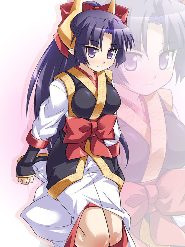 blue_hair, bow, fuyou_(shinrabanshou), hair_bow, horns, japanese_clothes, kaneno_akia, katami_shinta