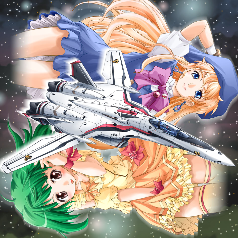 green_hair, hat, long_hair, macross, macross_frontier, mecha, muranako, ranka_lee