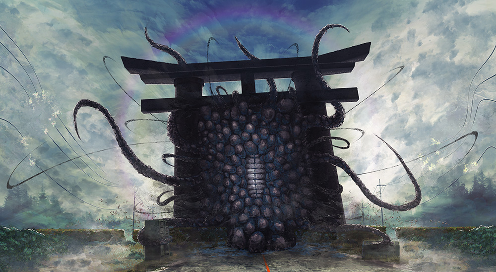 clouds, cloudy_sky, monster, no_humans, original, outdoors, power_lines, rainbow, scenery, sky, teeth, tentacles, torii, toye, tree
