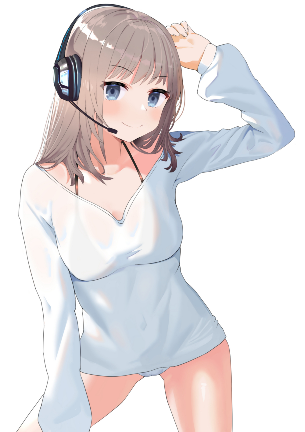 1girl, arm_up, ass_visible_through_thighs, bangs, blue_eyes, blush, bra, bra_through_clothes