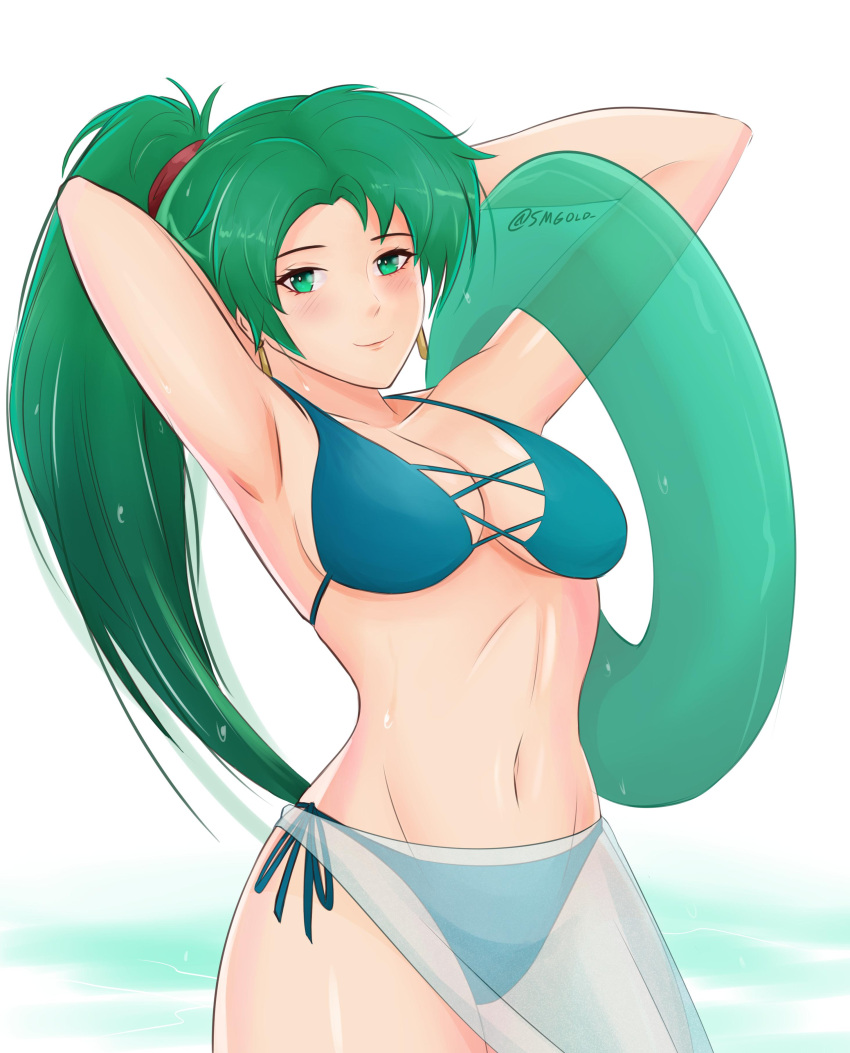 1girl, armpits, bikini, blue_bikini, cowboy_shot, cute, fire_emblem, fire_emblem:_rekka_no_ken, fire_emblem:_the_blazing_blade, fire_emblem_7, fire_emblem_blazing_sword, green_eyes, green_hair, innertube, intelligent_systems, long_hair, looking_at_viewer, lyn_(fire_emblem), lyndis_(fire_emblem), navel, nintendo, parted_lips, ponytail, sexy, smgold, solo, swimsuit