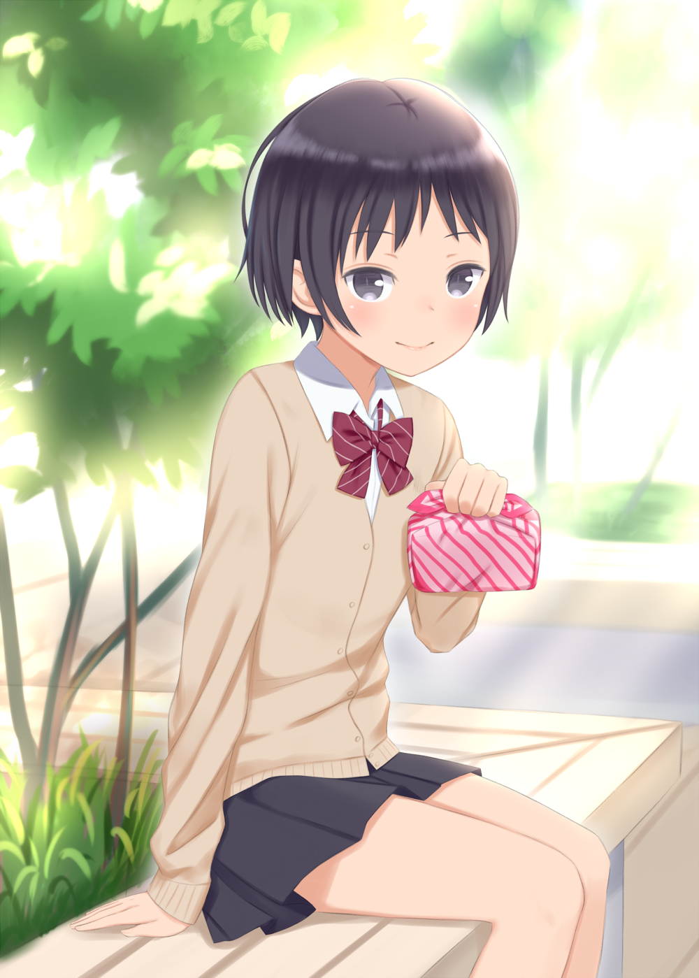 1girl, bangs, bench, black_hair, black_skirt, bob_cut, bow, bowtie