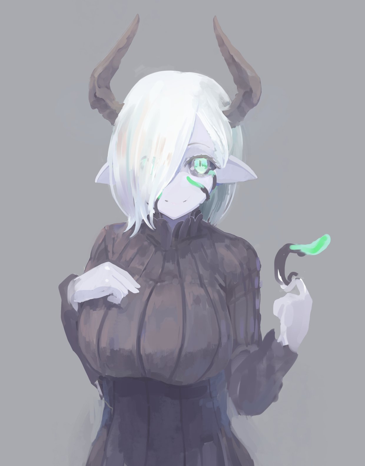 1girl, black_horns, black_sclera, black_sweater, blue_skin, breasts, cosplay, demon_girl, demon_horns, green_eyes, grey_background, highres, horns, irasrgsmk, large_breasts, merii_(musuko_ga_kawaikute_shikatanai_mazoku_no_hahaoya), merii_(musuko_ga_kawaikute_shikatanai_mazoku_no_hahaoya)_(cosplay), musuko_ga_kawaikute_shikatanai_mazoku_no_hahaoya, smile, solo, sweater, tentacles, teresa_(musuko_ga_kawaikute_shikatanai_mazoku_no_hahaoya), waterpaint, white_hair