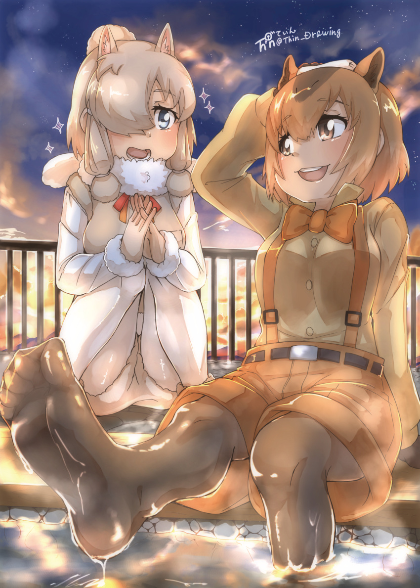2girls, :d, absurdres, alpaca_ears, alpaca_suri_(kemono_friends), animal_ears, arm_up, artist_logo
