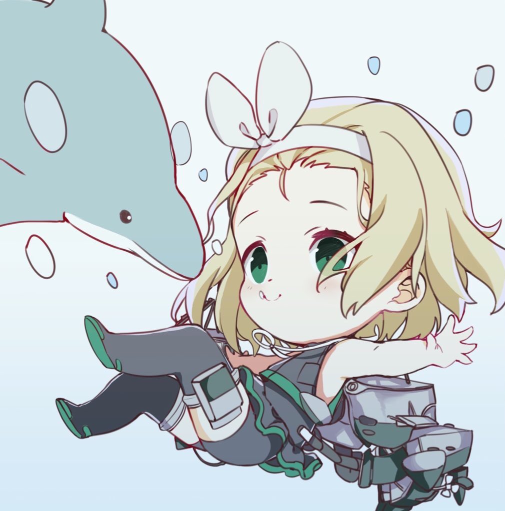 1girl, animal, blonde_hair, blush, boots, bubble, chibi, dolphin, full_body, green_eyes, hairband, kantai_collection, luigi_torelli_(kantai_collection), mitsume_(trancetion), outstretched_arms, rigging, short_hair, simple_background, sleeveless, smile, thigh-highs, thigh_boots, underwater, wetsuit, white_hairband