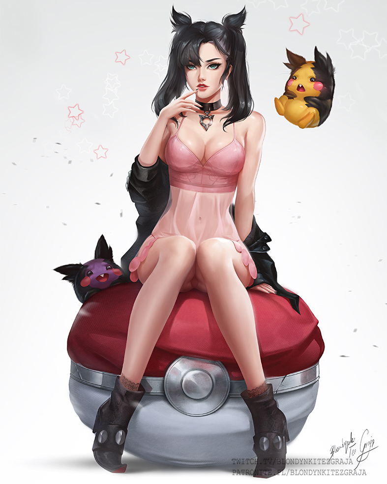 1girl, :d, black_footwear, black_hair, black_nails, blondynkitezgraja, boots, breasts