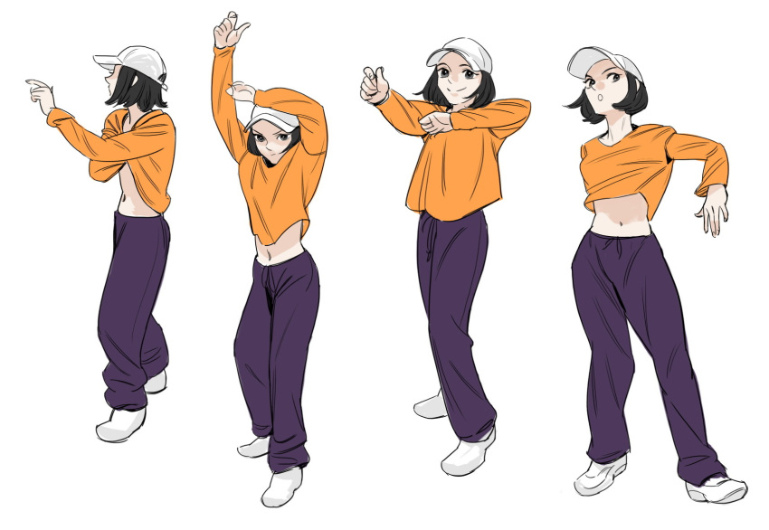 1girl, baseball_cap, black_eyes, black_hair, black_legwear, bob_cut, dancing, drawstring, hat, highres, joongchel_kim, midriff, navel, open_mouth, orange_shirt, pants, shirt, short_hair, simple_background, smile, underwear, white_background, white_footwear, white_headwear