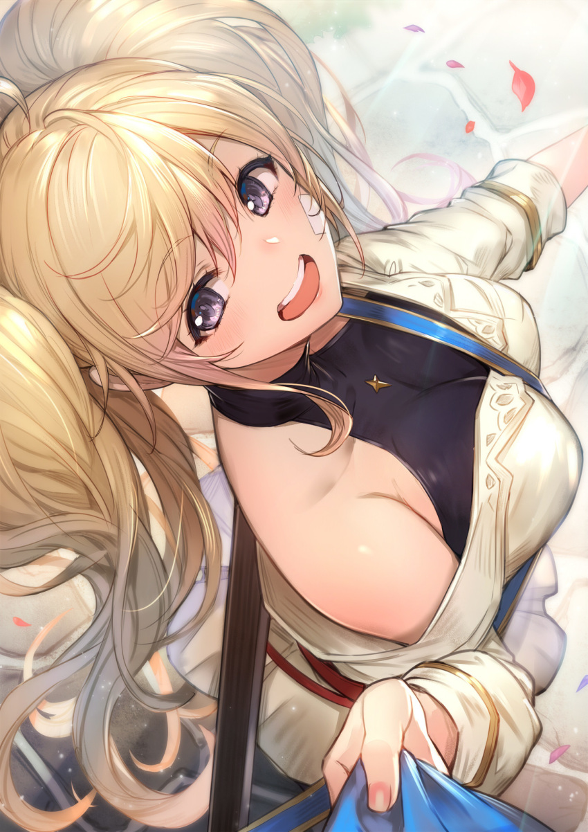 1girl, bandaid_on_cheek, bangs, bare_shoulders, belt, blonde_hair, blush, breasts