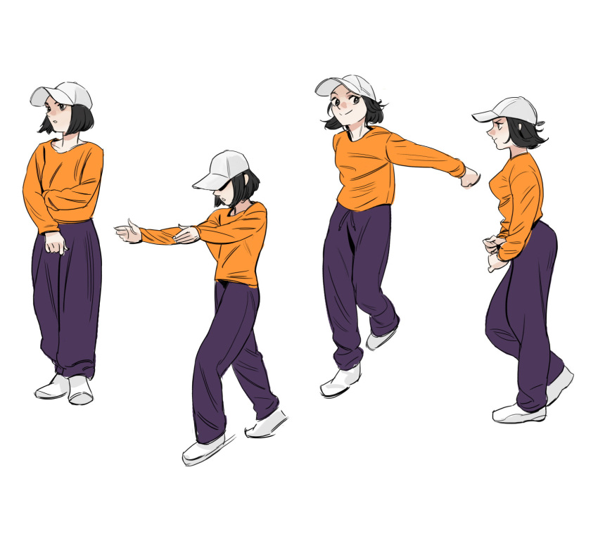 1girl, arms_out, baseball_cap, black_eyes, black_hair, black_legwear, bob_cut, dancing