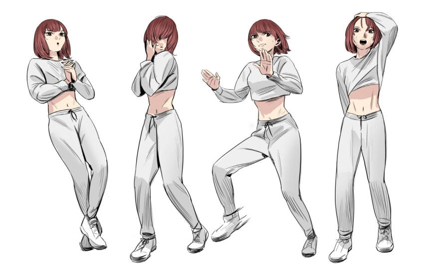 1girl, adjusting_hair, arm_up, arms_out, bangs, bob_cut, breasts, brown_eyes
