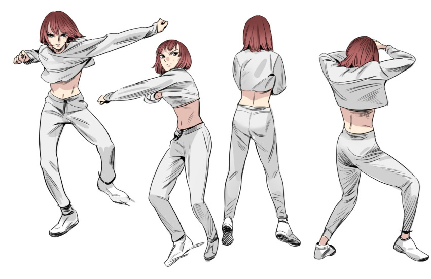1girl, arms_up, back, bangs, bob_cut, breasts, brown_eyes, crop_top