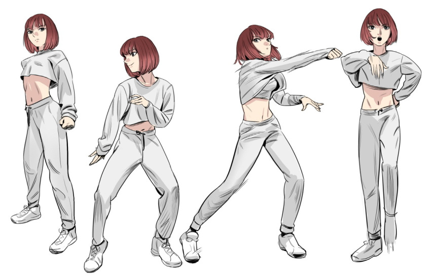 1girl, bangs, bob_cut, breasts, brown_eyes, crop_top, crop_top_overhang, dancing